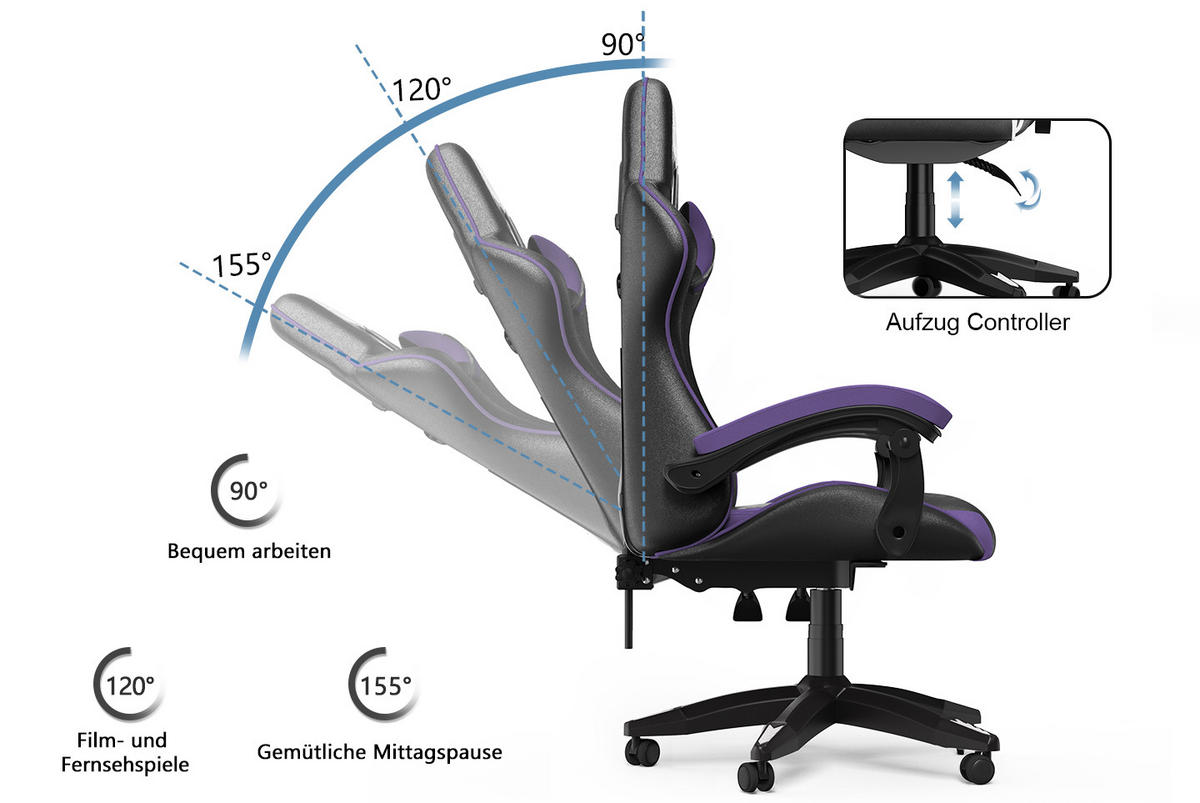 GAMING-STUHL ergonomisch, verstellbare Rückenlehne, Kissen – Schwarz/Lila - Lila, Leder (59/120/56cm) - Rattantree