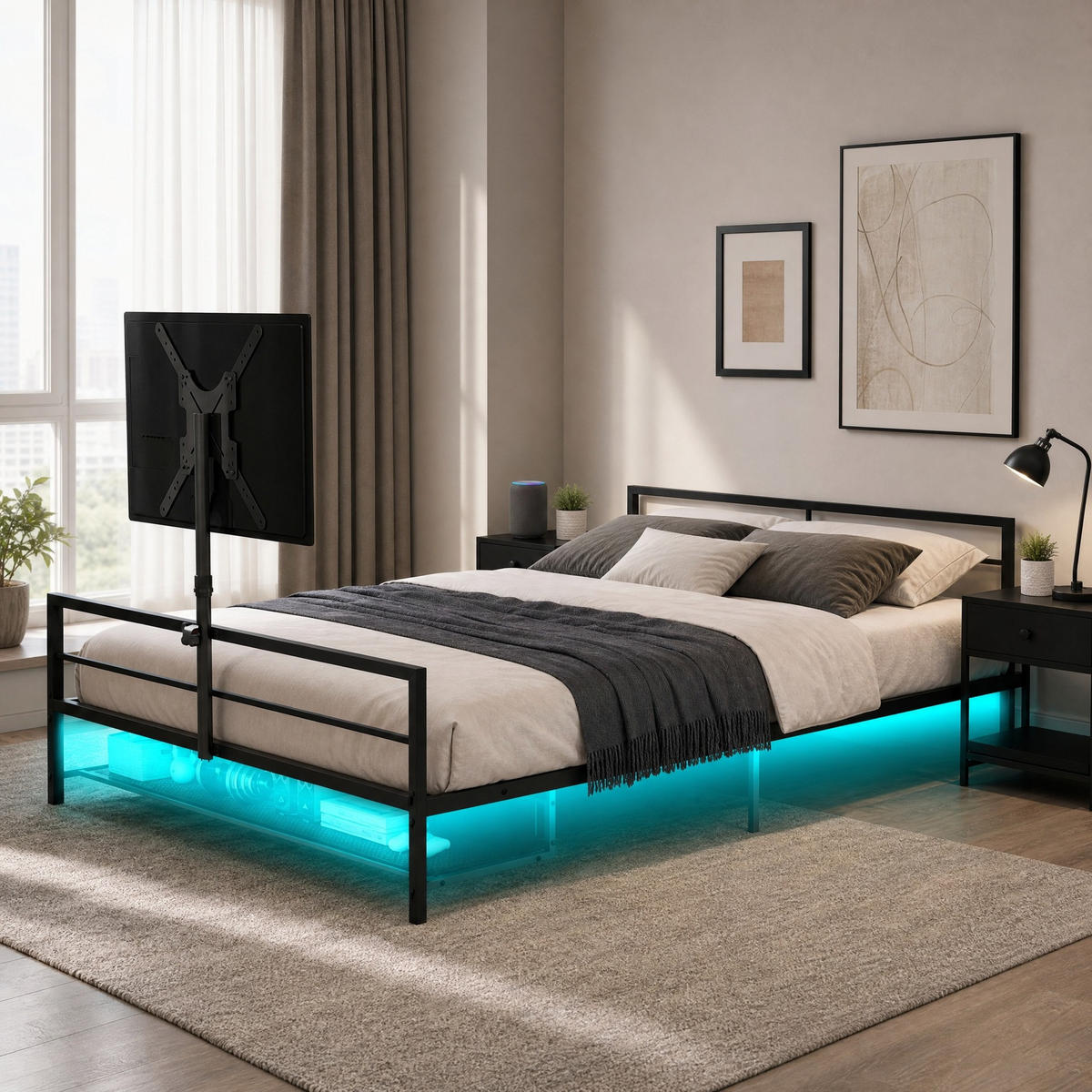 METALLBETT mit LED-Beleuchtung und Aufbewahrungskörben in Schwarz - Schwarz, Holzwerkstoff/Metall (90/200cm) - EVRYAE