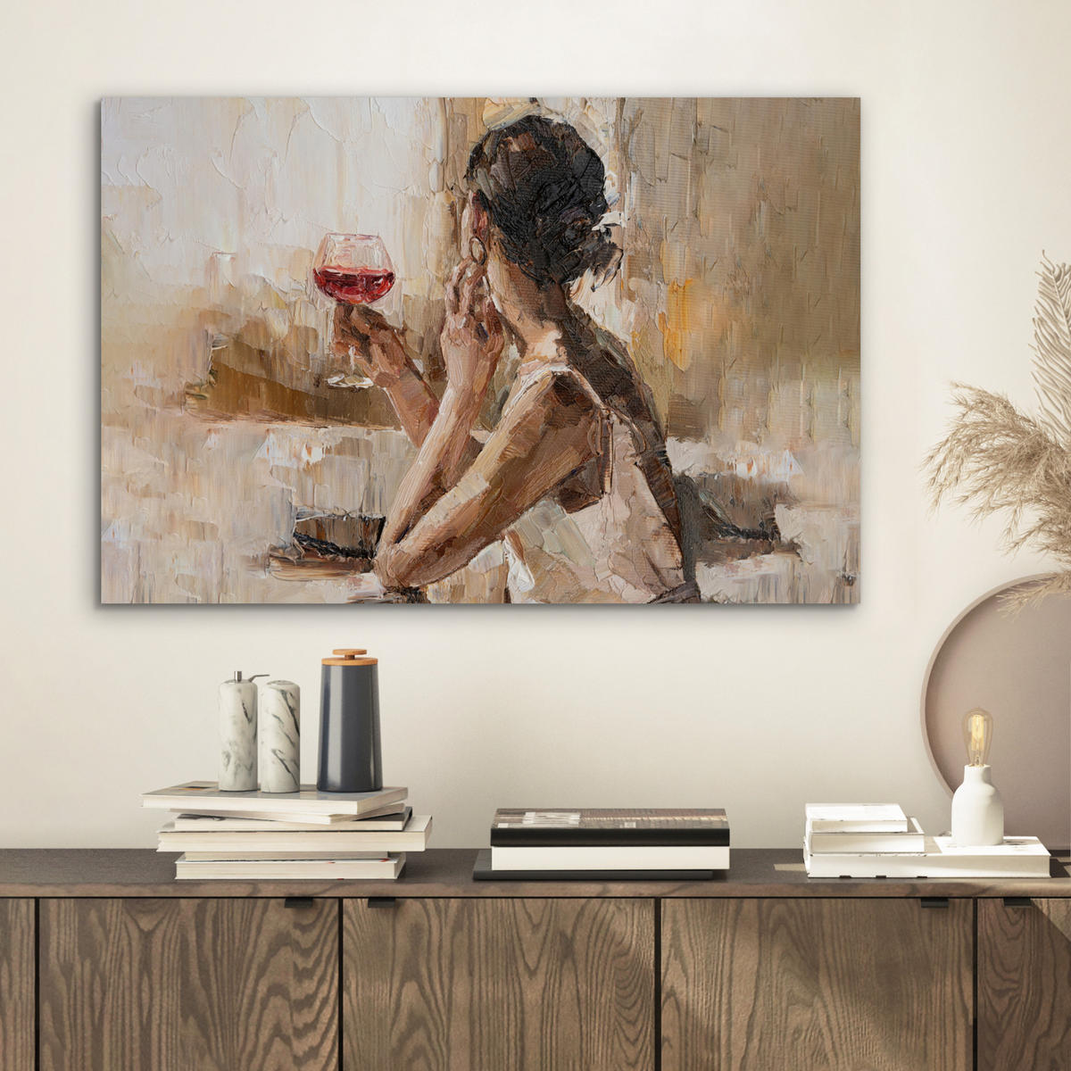 METALLBILD Ölgemälde - Frau - Wein 60x40 cm - Hellbraun, Metall (60/40cm) - MuchoWow