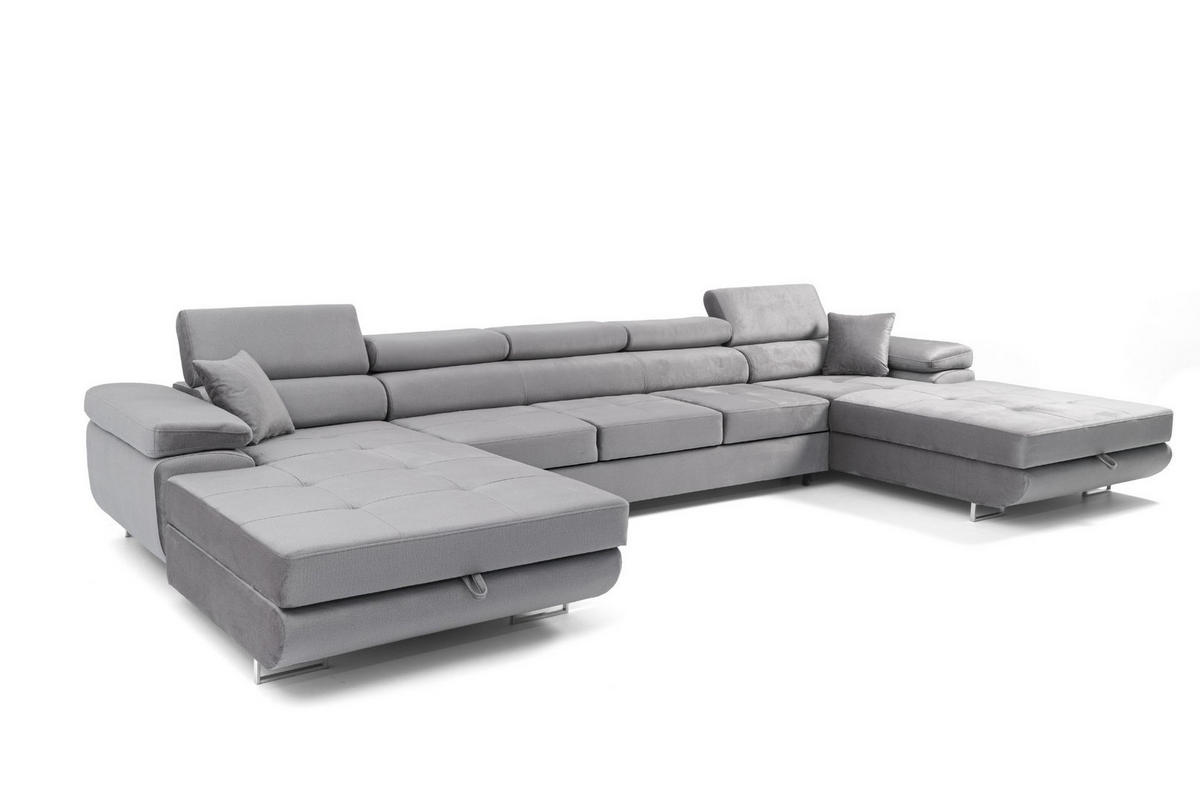 ECKSOFA U-Form ALONZO MAXI U mit Schlaffunktion 125x318 Velours Grau - Silberfarben/Grau, Holz/Textil (400/90/203cm) - Muffo