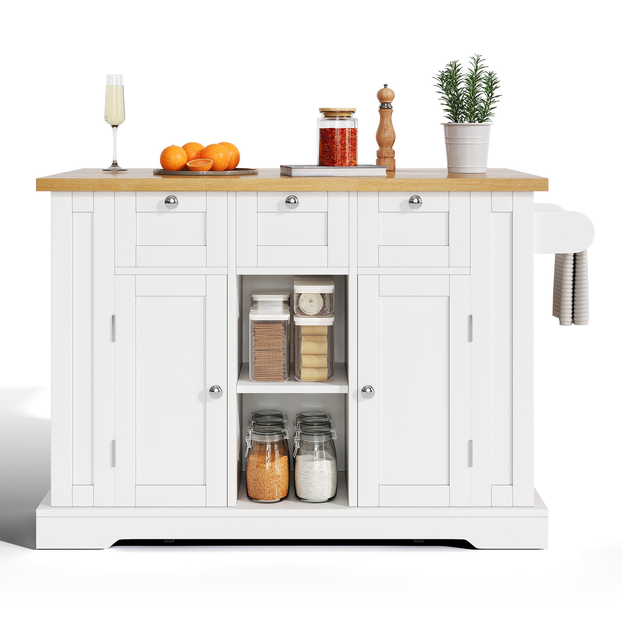 KÜCHENINSELWAGEN mit ausziehbarer Arbeitsplatte 132 cm White/Natural - Weiß, Holz (70/87/132cm) - Beauniv