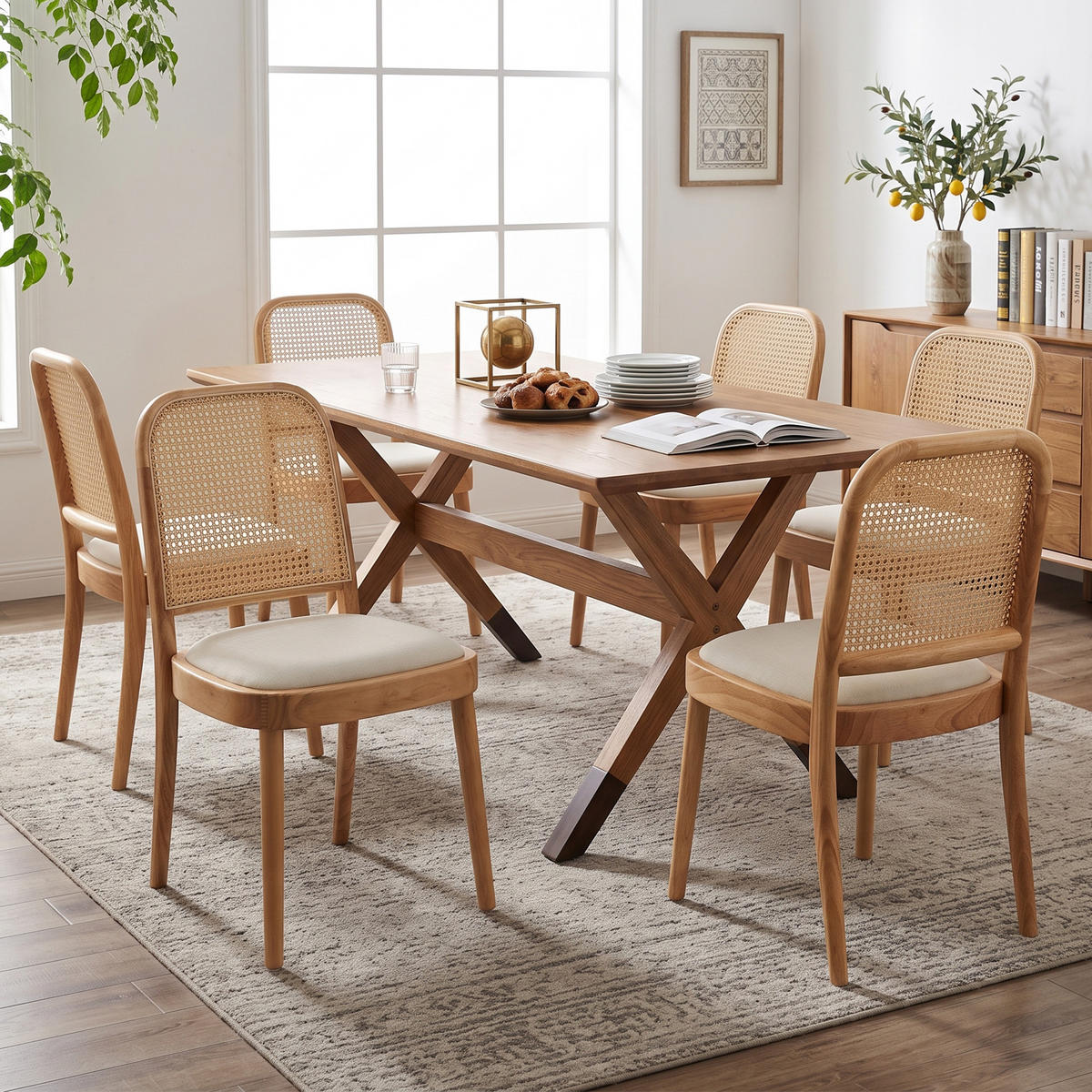 ESSZIMMERSTÜHLE 6er-Set Massivholz Rattan Leinen Holz - Naturfarben, Holz (52/84/45cm) - FLIEKS