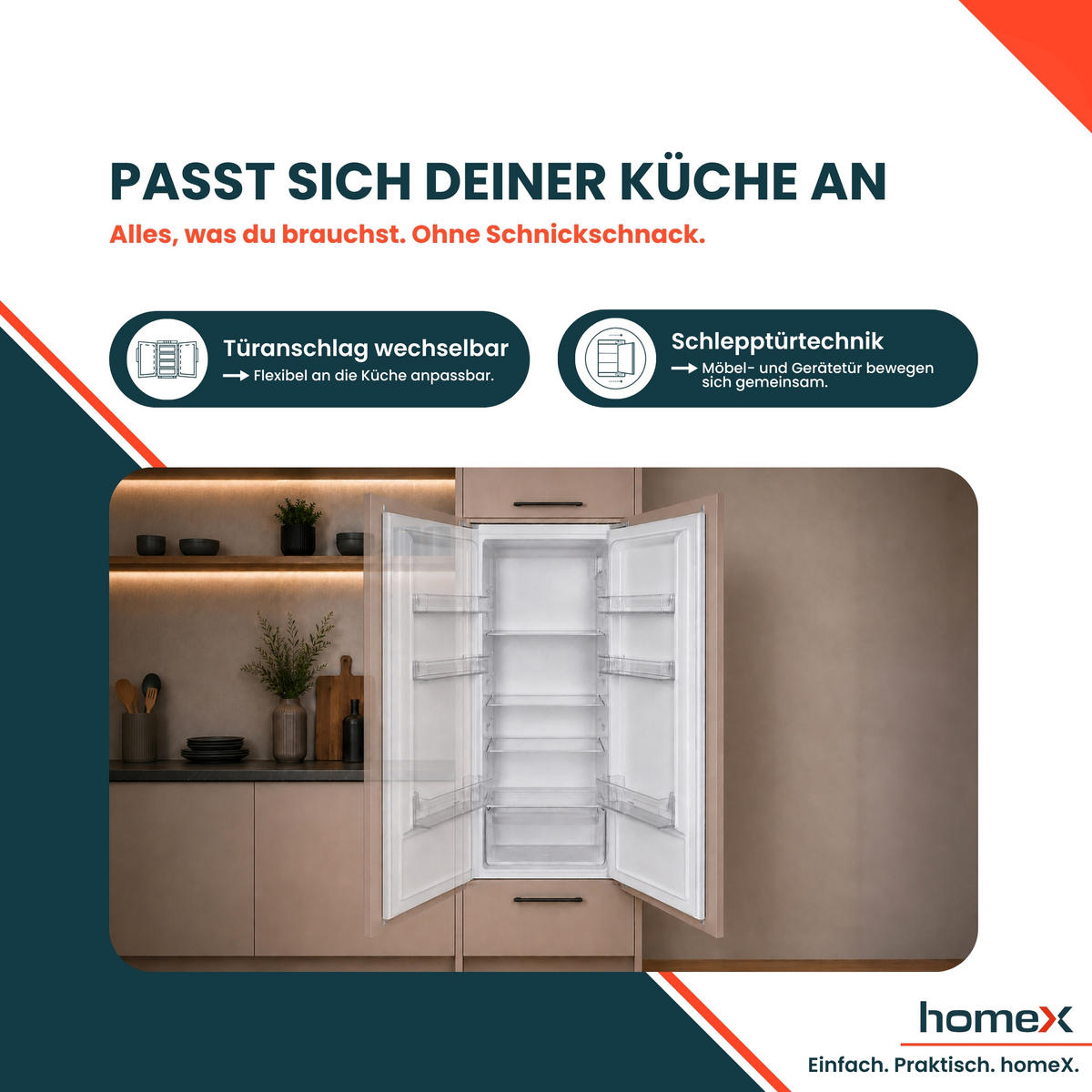 KÜHLSCHRANK Einbau, ohne Gefrierfach, 122cm Nische, 199 Liter, Schlepptürtechnik, 39 dB, CB1991E - Weiß, Glas/Kunststoff (54/123/54cm) - homeX