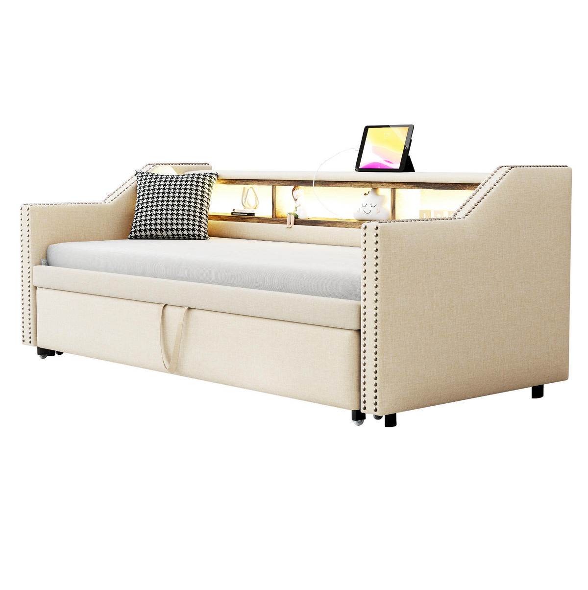 MULTIFUNKTIONSBETT 90/190 cm und 180/190 cm Beige mit Stauraum LED und USB-Anschluss mit Lattenrost Mit Matratze - Beige, Textil (90/190cm) - OKWISH