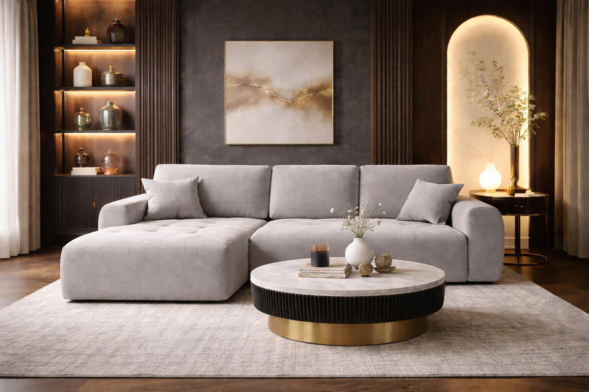 ECKSOFA Mit Schlaffunktion Und Bettkasten L-Form Ivo XL, Veloursstoff Salvador, Grau, Links - Grau, Holz (280/142cm) - Kaiser Möbel