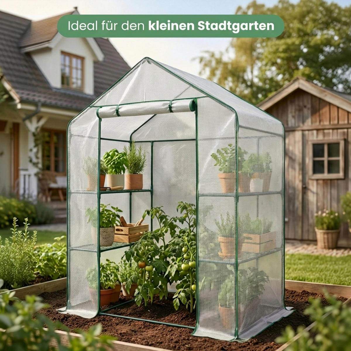 MINI Gewächshaus in Hausform, Weiß, 143x73x195 cm - Weiß, Metall (143/195/73cm) - Akord