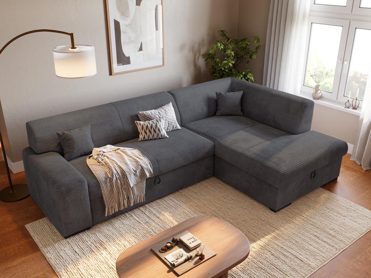 ECKSOFA mit Schlaffunktion Cordstoff MILENZO Grau Rechts - Grau, Holz (260/175cm) - Bromarkt