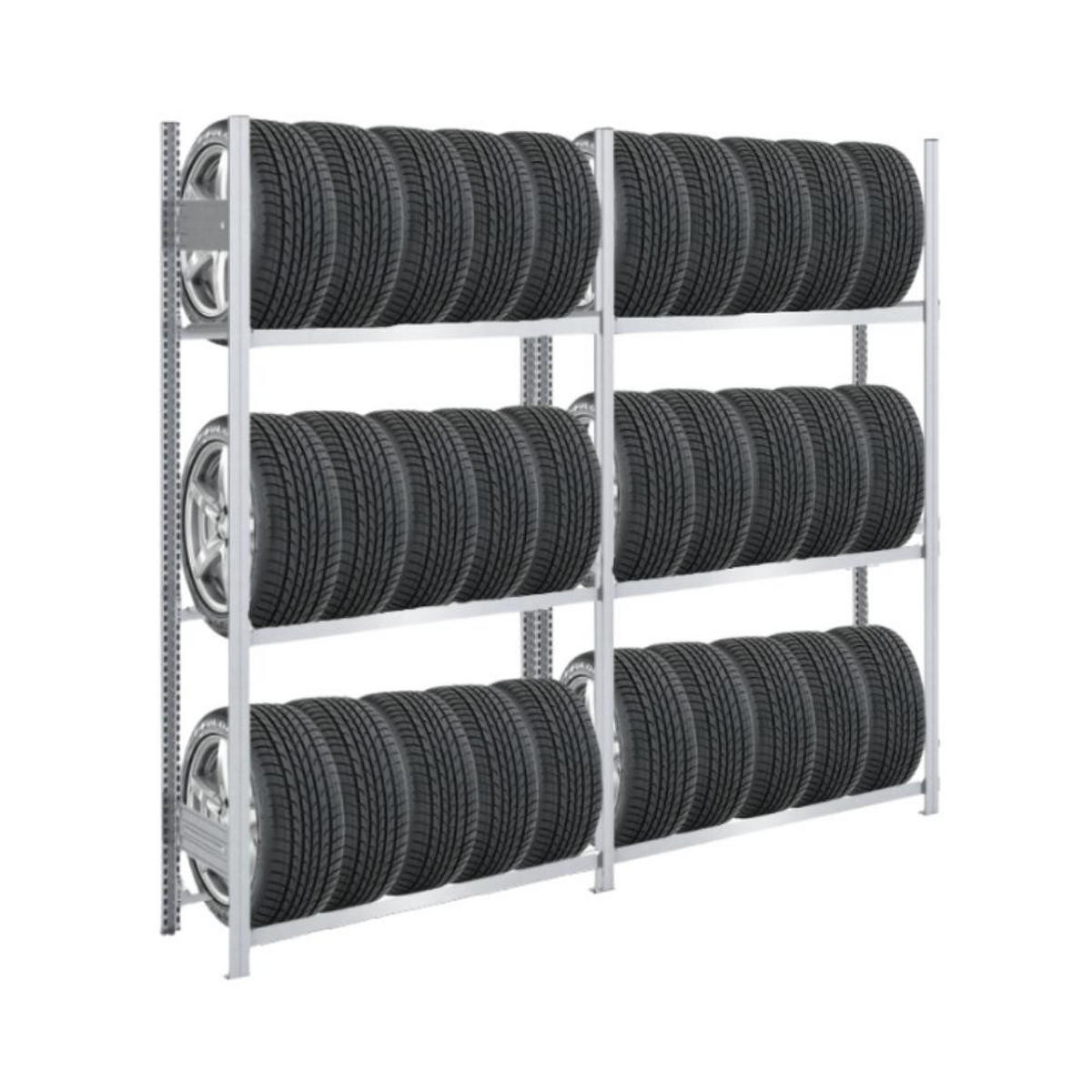 REIFENREGAL TIRE PRO 2er-Set für insgesamt 24 Reifen 3 Ebenen 150kg Fachlast pro Ebene Verzinkt - Silberfarben, Metall (200/200/43cm) - PROREGAL