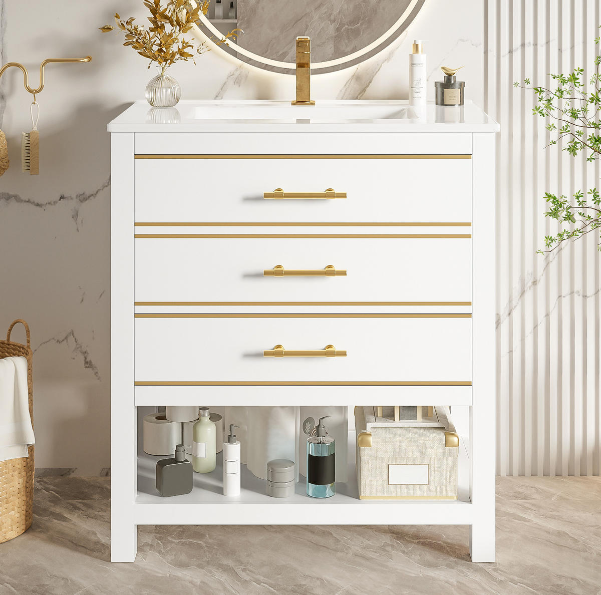 WASCHTISCHUNTERSCHRANK mit Keramikbecken 66x46.5x86cm Weiß-Gold, 2 Schubladen - Weiß, Holzwerkstoff (76/86/46.5cm) - Modfu