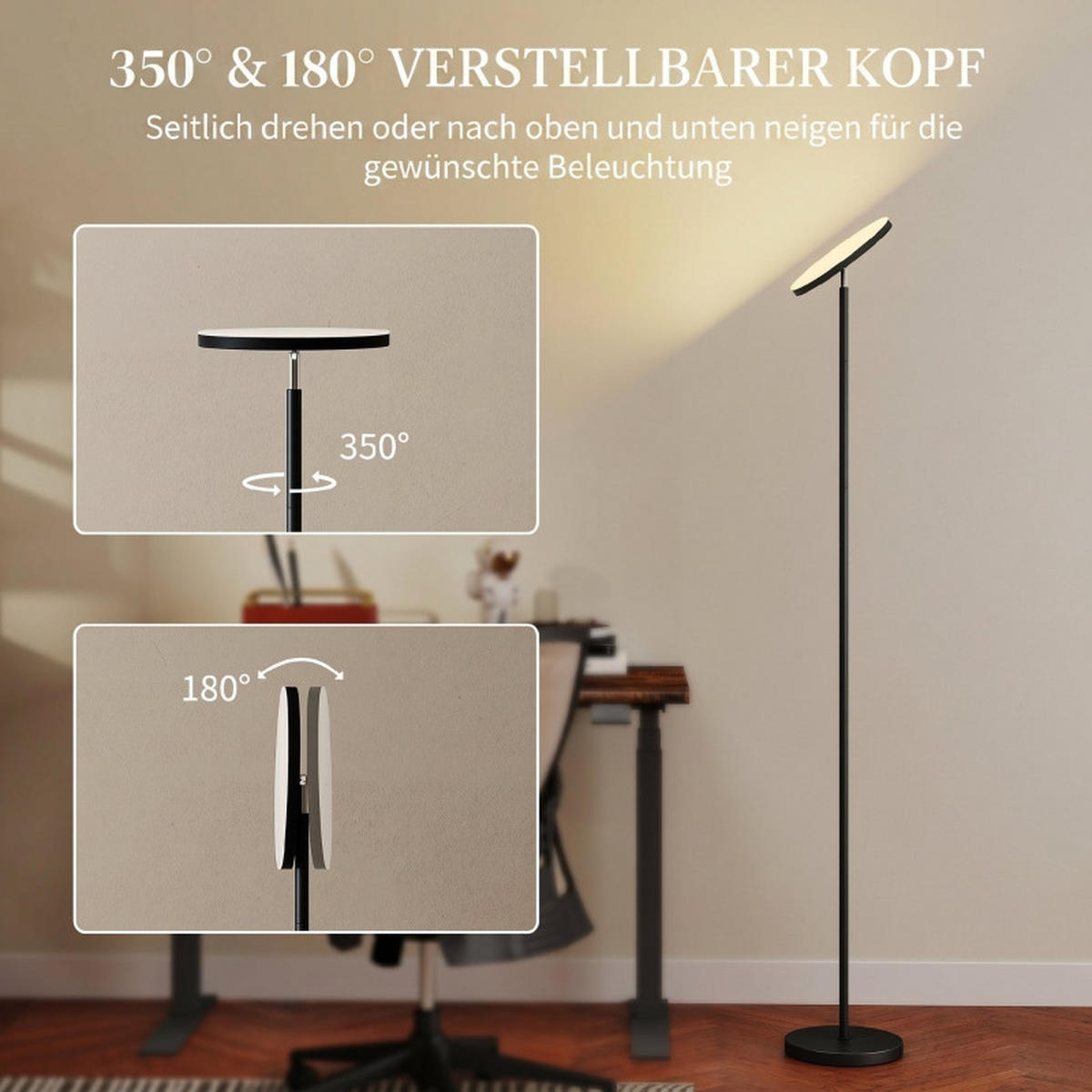 STEHLEUCHTE 25/25/177 cm Schwarz mit Fernbedienung und Touch-Steuerung, 350° drehbarer Kopf - Schwarz, Kunststoff (25/25/177cm) - Oxeza