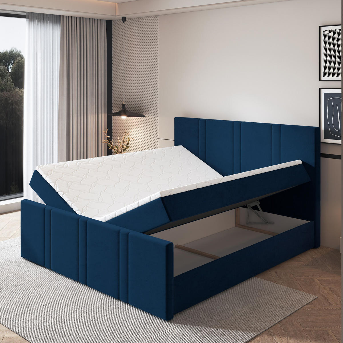 BOXBETT COMOZA 200x200 cm mit Matratze und Topper, H2+H3 - Blau - Blau, Holz (200/200cm) - MASSENO