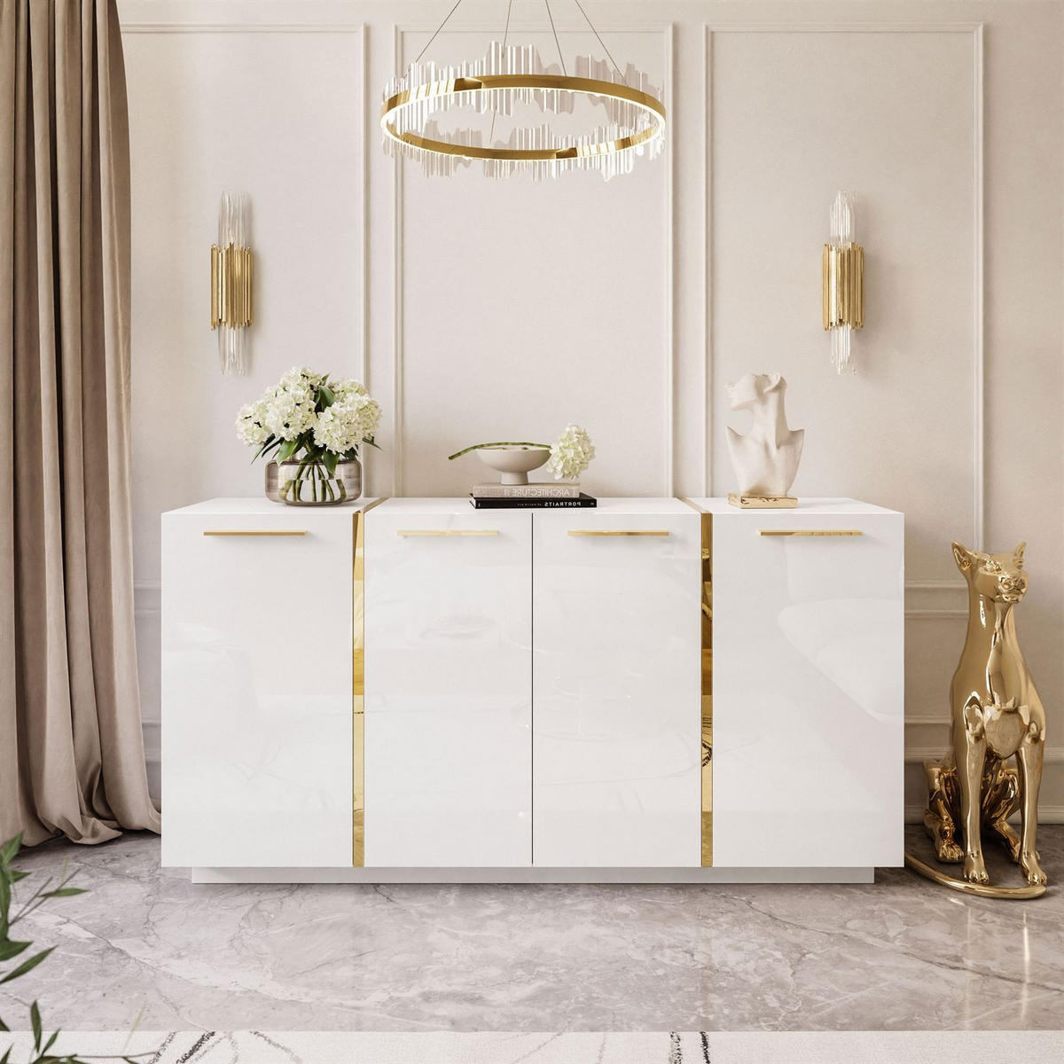KOMMODE ONYX 4T 158 CM LUXURIÖSE KOMMODE MIT HOCHGLANZ FÜR DAS WOHNZIMMER - Goldfarben/Weiß, Holzwerkstoff (158/81/41cm) - Lookway
