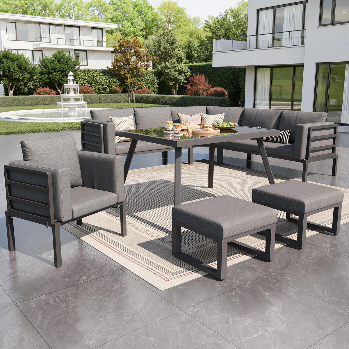 GARTENSET Halbmondform 8 Personen Grau Inkl. Tisch & Hocker - Grau, Metall - FLIEKS