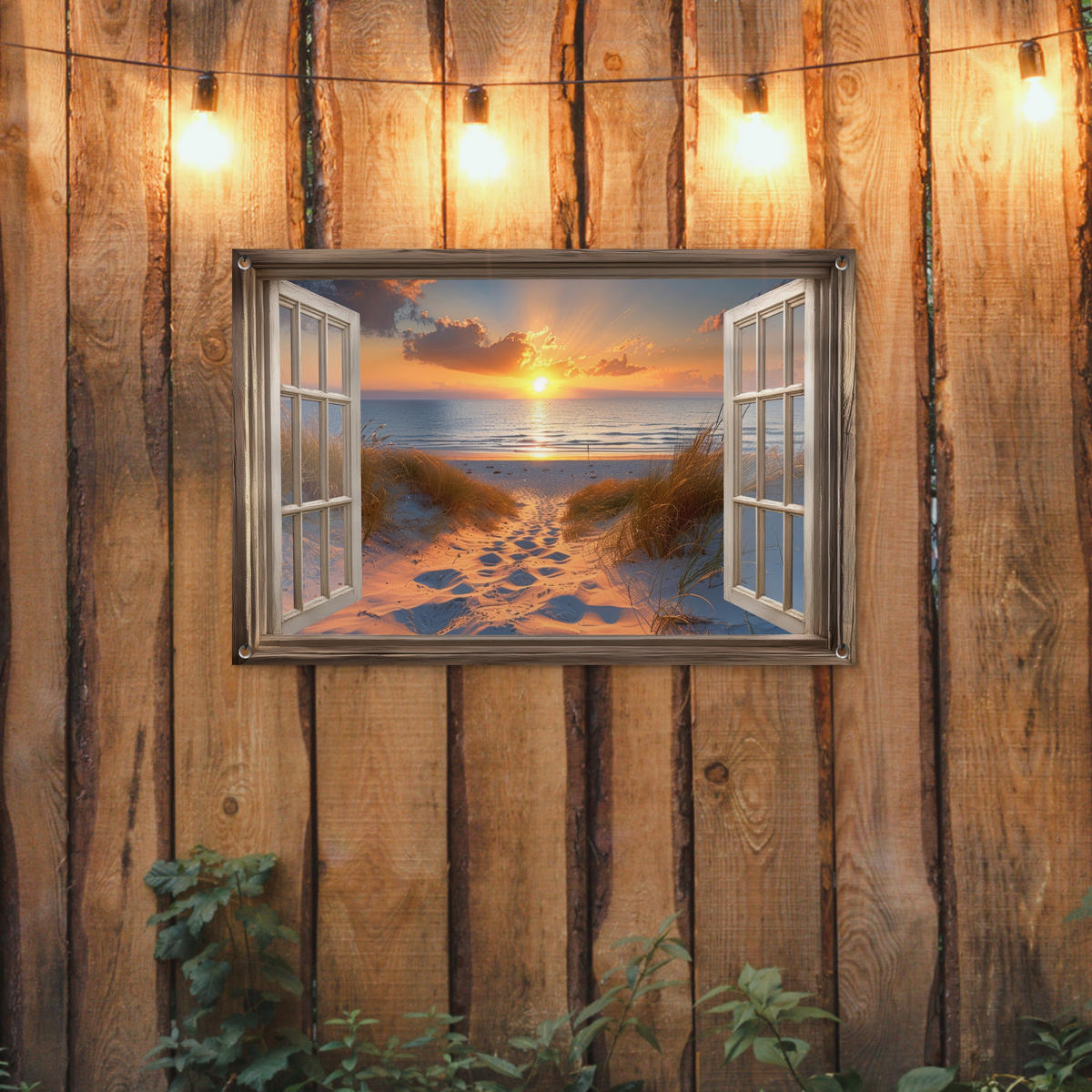 GARTENPOSTER Durchblick - Strand - Dünen - Sonnenuntergang 90x60 cm - Orange, Kunststoff (90/60/0.2cm) - OnlyWow