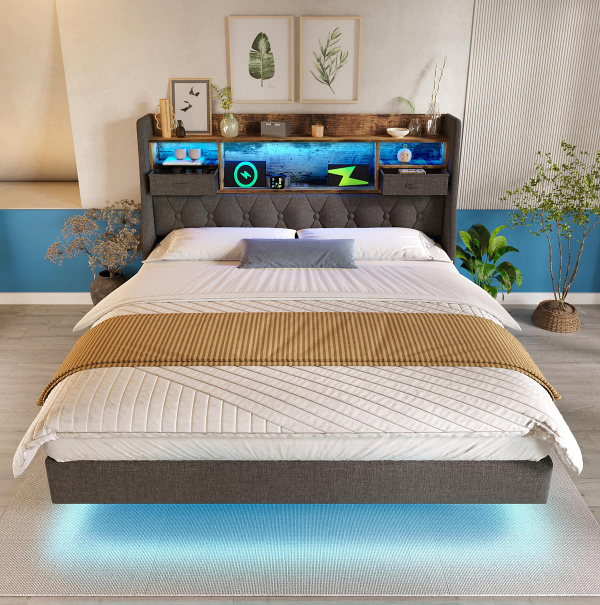 POLNJENA postelja iz platna 160x200 cm siva z LED osvetlitvijo, USB/Type-C priključki in prostorom za shranjevanje - siva, tekstil (160/200cm) - Modfu