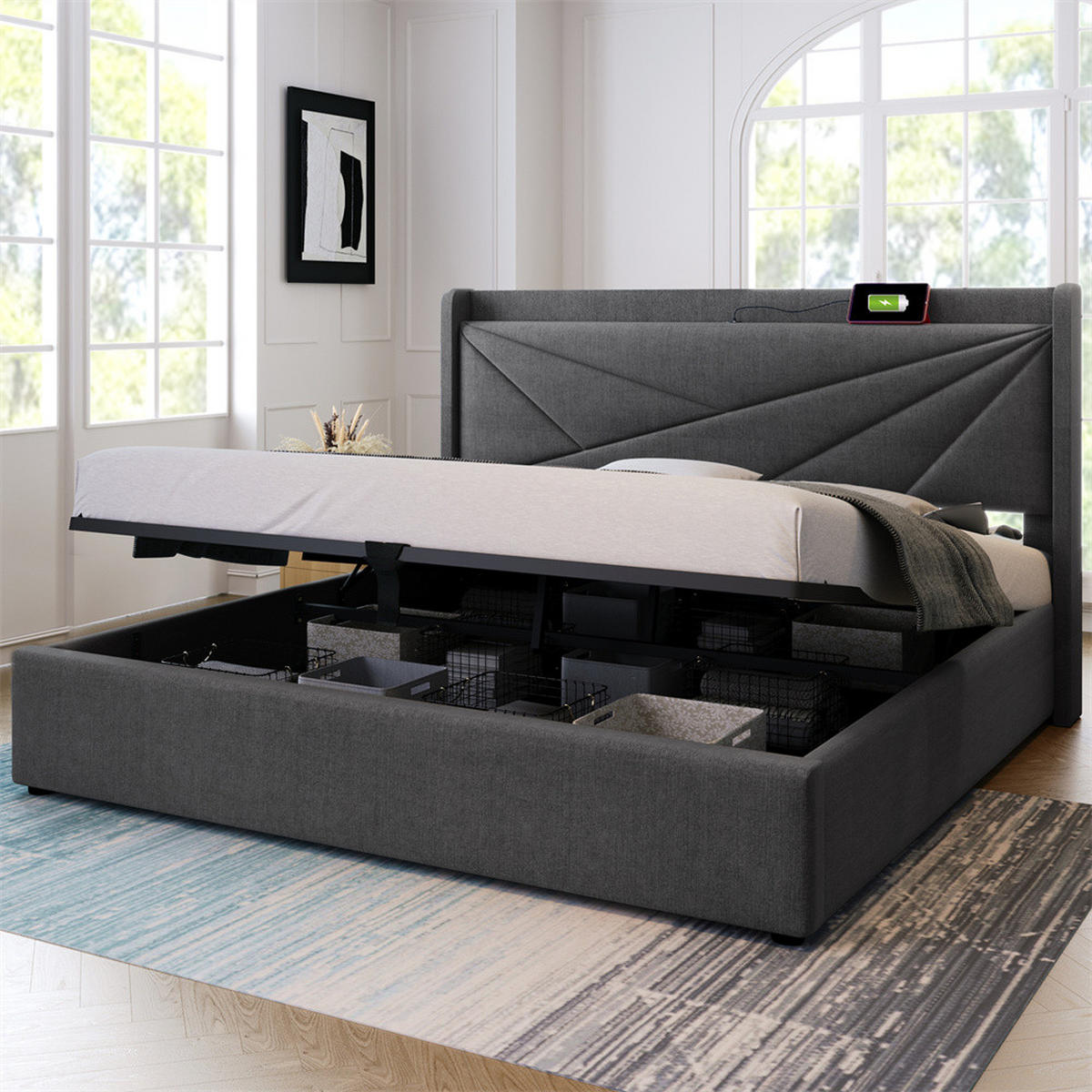 POLSTERBETT 140/200cm in Grau Leinen mit USB Typ C Ladefunktion Kopfteil - Grau, Holz/Textil (140/200cm) - KOMHTOM