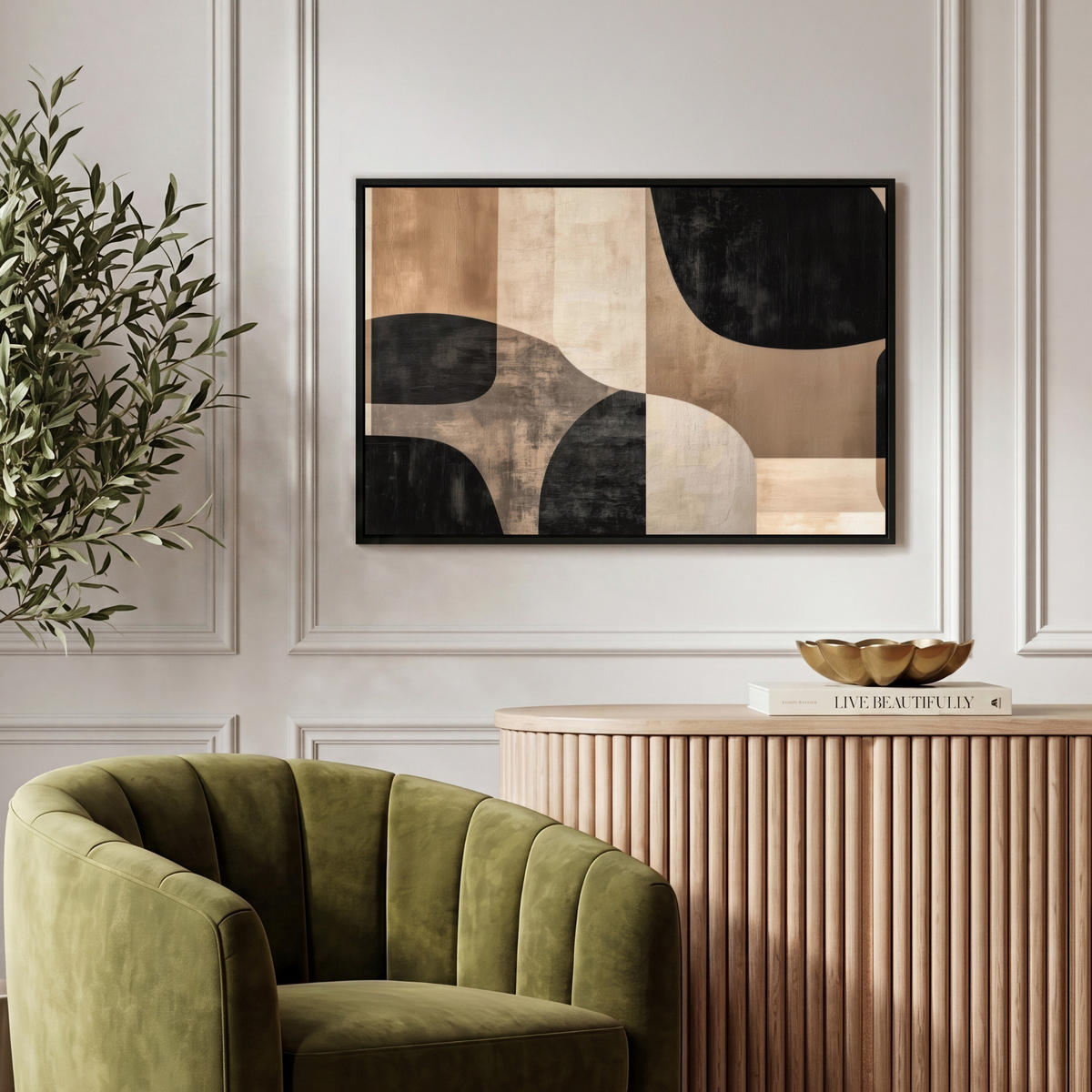 LEINWAND Bilder mit Rahmen - Abstrakt - Flugzeuge - Schwarz - Rund - 60x40 - Beige, Textil (60/40cm) - MuchoWow