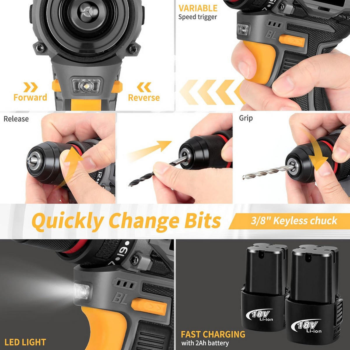 AKKU-SCHLAGBOHRMASCHINE 21 V – Mini Wireless Bohrhammer & Elektroschrauber, Li-Ionen-Akku - Gelb, Metall (10/5/12cm) - Coonoor