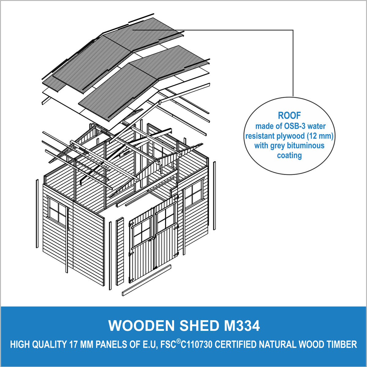 M334 GARTENHAUS HOLZ mit Fenstern - H226x324x216 cm/6 m² - Beige, Holz (324/226/199cm) - Timbela