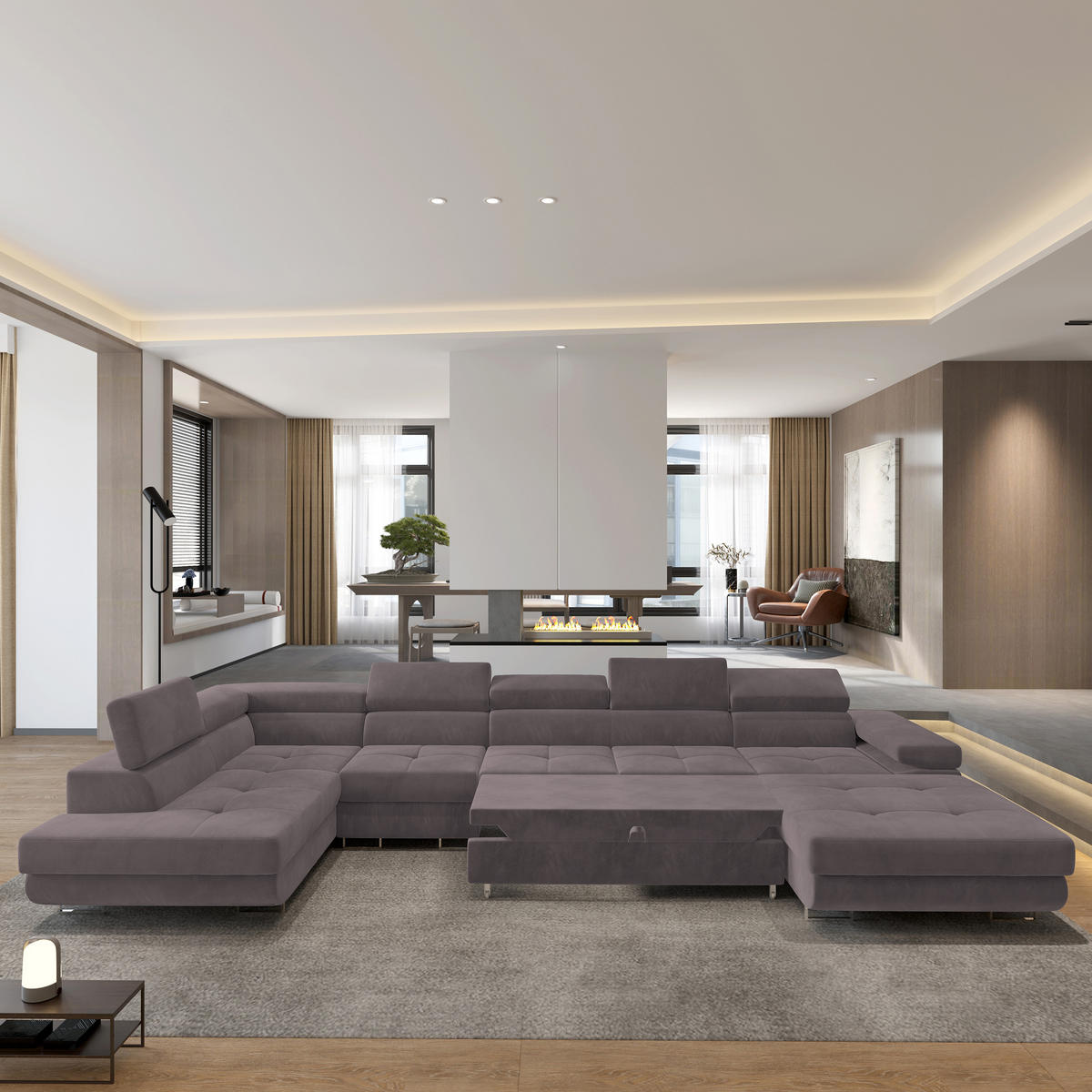 WOHNLANDSCHAFT VELORA L-S Lila Velours-Stoff mit Schlaffunktion - Lila, Holz (419/90/202cm) - MASSENO