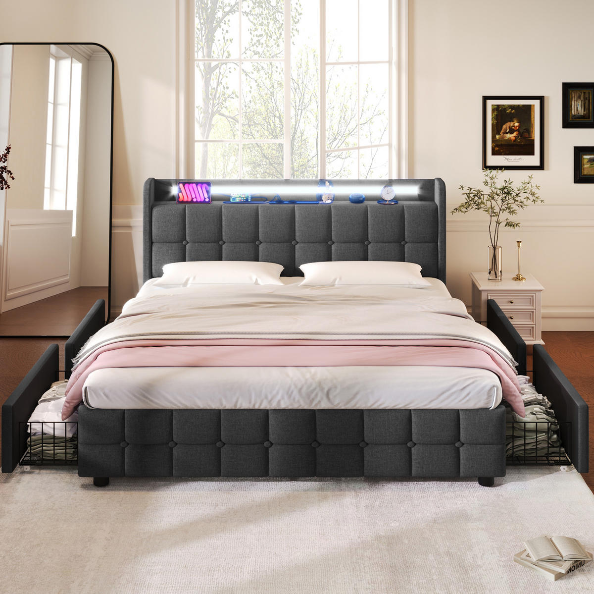 BETT mit USB und LED 140x200 cm Grau mit 4 Schubladen - Grau, Holz (140/200cm) - Meubliv