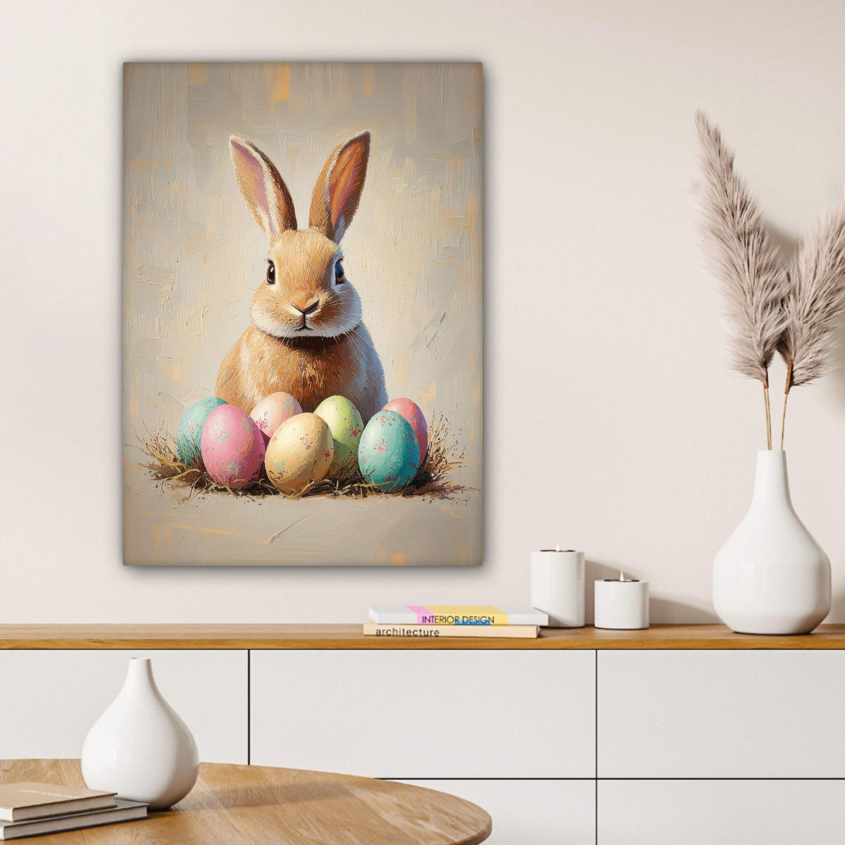 LEINWANDBILD Osterhase - Pastell - Eier Wandbild Wohnzimmer 60x80 cm - Beige, Textil (60/80cm) - MuchoWow