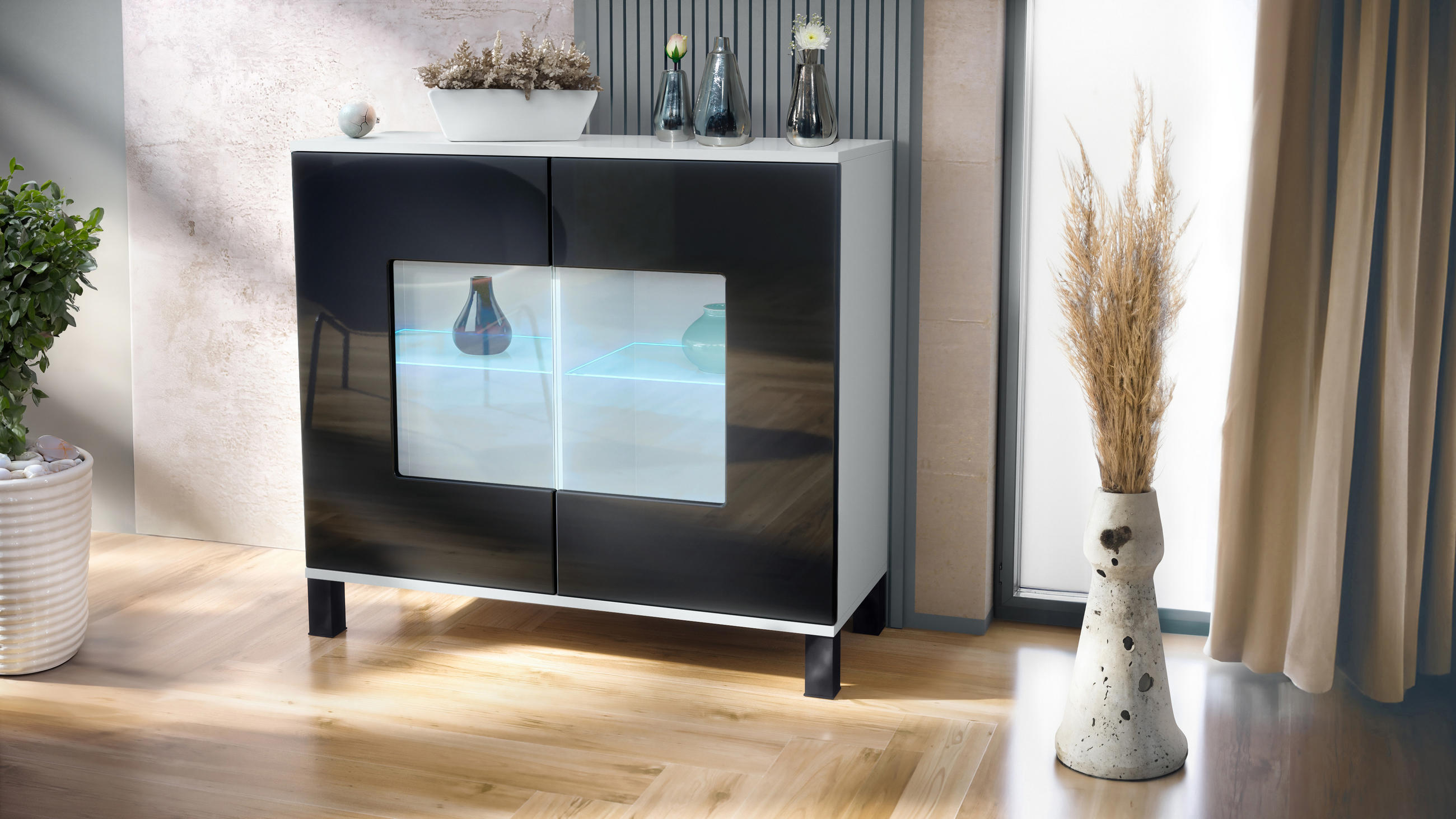 KOMMODE Grömitz Schwarz Hochglanz - Schwarz Hochglanz, Holzwerkstoff (92.5/84.5/35cm) - Vladon