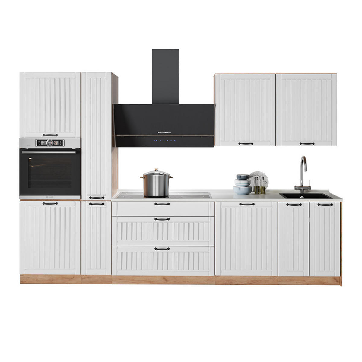 KUCHYNKA Fame-Line, Biely vidiecky dom/Dub Goldkraft, 310 cm, AP Marble - biela/dub medový, kompozitné drevo (310/206.8/60cm) - Vicco