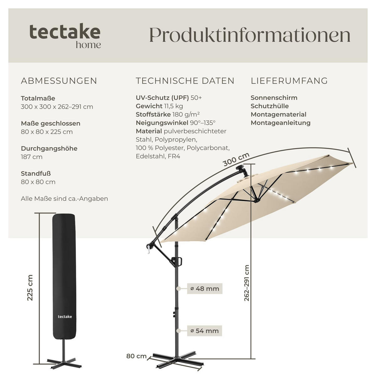 AMPELSCHIRM Artemis, mit LED Solar-Beleuchtung, inkl. Schutzhülle, beige - Beige, Metall (300/300cm) - tectake