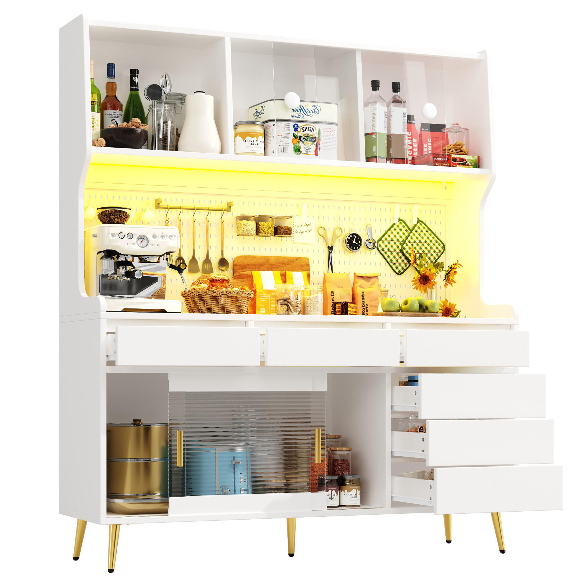 OKWISH VYSOKÁ skříň 145/39/171 cm bílá z MDF, kovu a skla s LED osvětlením a posuvnými dveřmi
