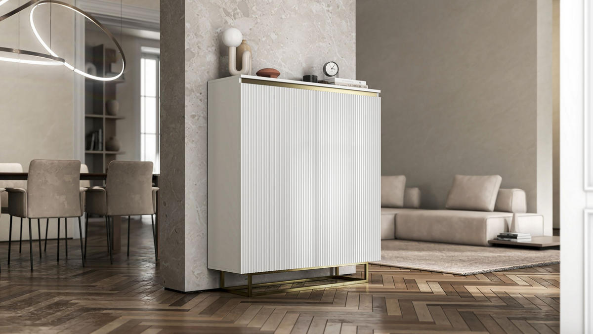 HIGHBOARD Selene 2D Weiß Matt 111 cm goldfarbener Rahmen - Goldfarben/Weiß, Holzwerkstoff/Metall (111/125/35cm) - Meble Lindner