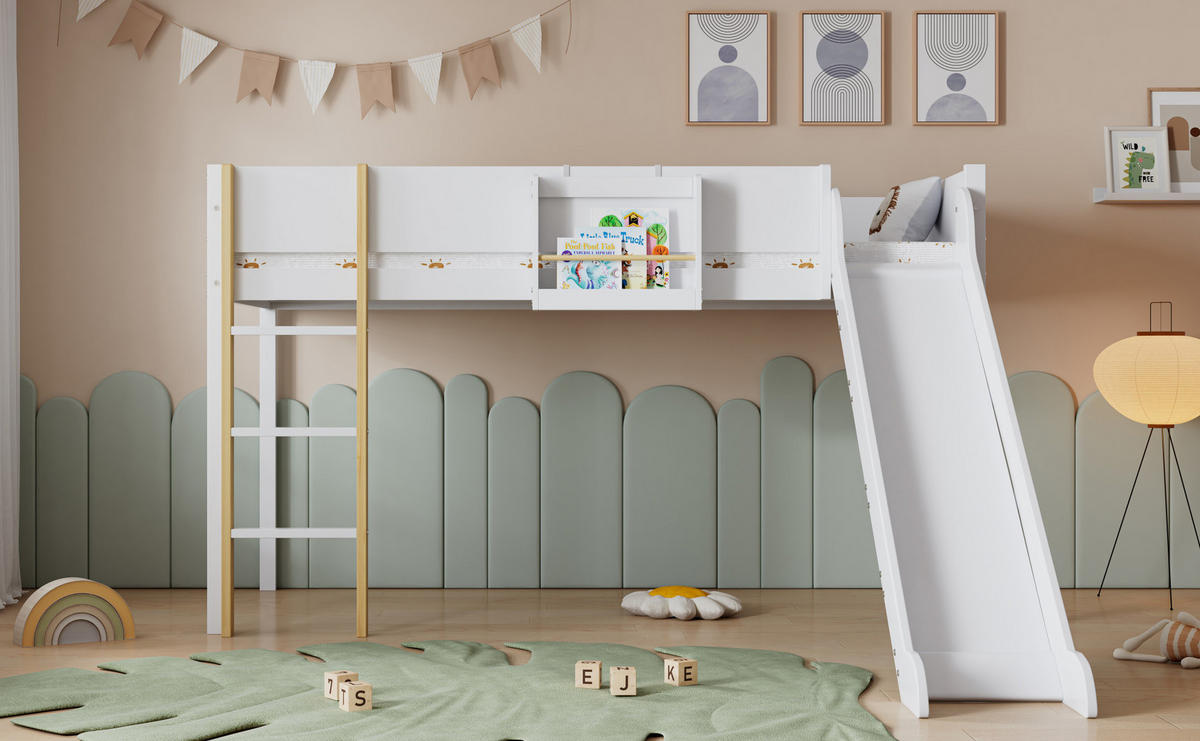 HOCHBETT 90/200 cm in Weiß/Natur – mit Rutsche, Leiter und Rausfallschutz - Weiß, Holzwerkstoff (90/200cm) - BEAOK