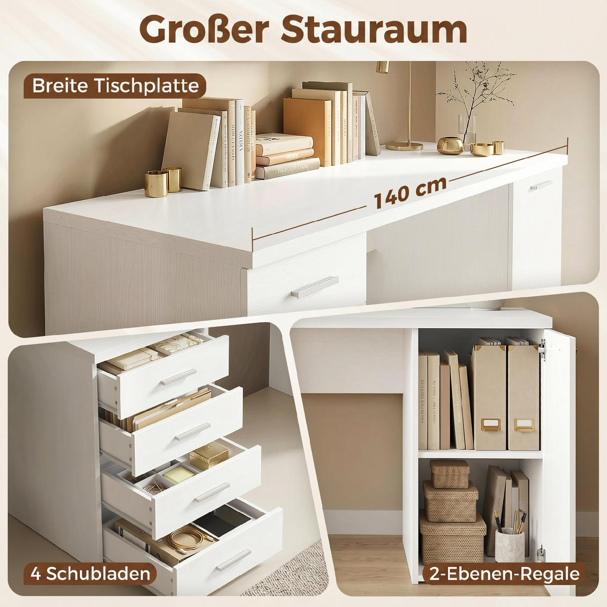 COMPUTERTISCH MDF Weiß - Silberfarben/Weiß, Holzwerkstoff/Metall (140/48/75cm) - HOMCOM