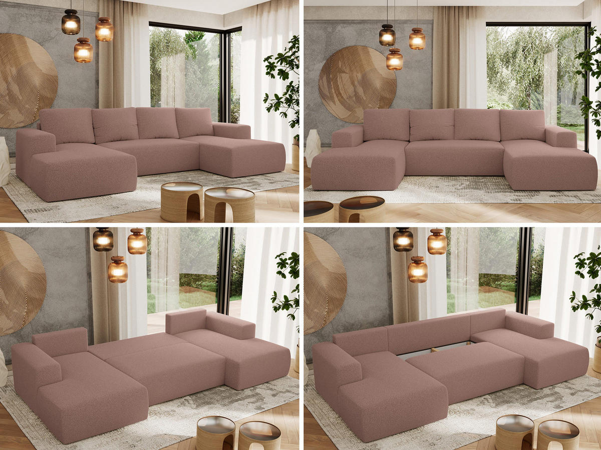 WOHNLANDSCHAFT TRENTINO U Rosa Boucle - Rosa, Textil (334/91/163cm) - MKS