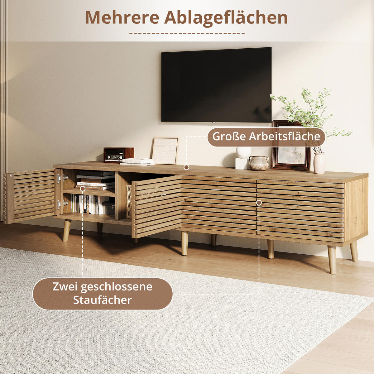 TV-SCHRANK 180/40/46 cm Natürlich mit 4 Türen und Kabeldurchführung - Naturfarben, Holzwerkstoff (180/46/40cm) - Oxeza