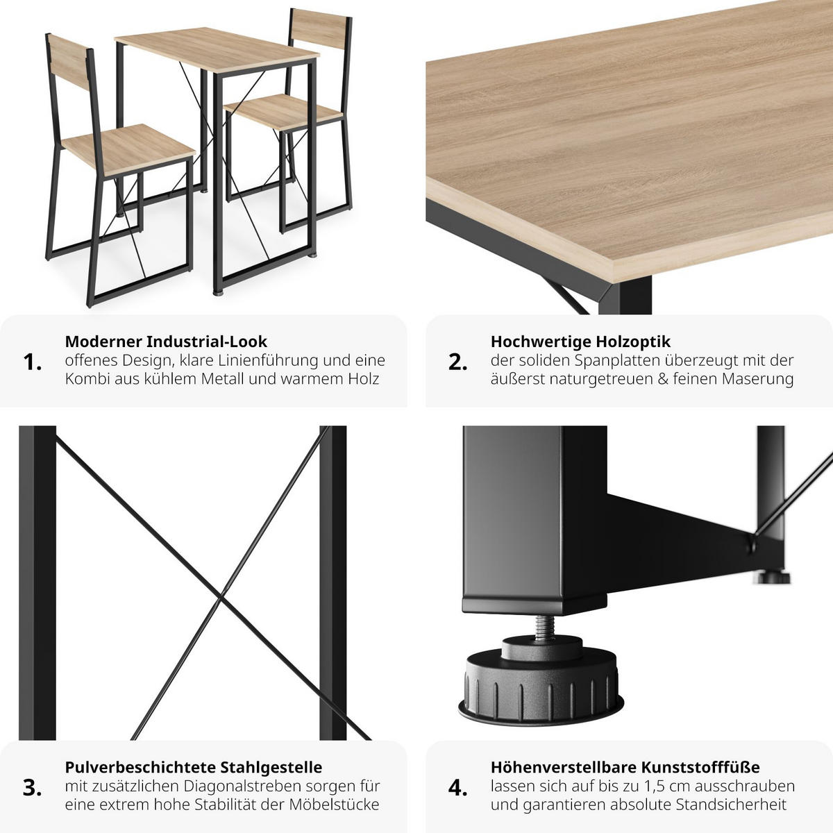 SITZGRUPPE Margate,mit höhenverstellbaren Kunststofffüßen,Industrial Holz hell, Eiche Sonoma - Naturfarben, Holzwerkstoff (80/90/138cm) - tectake