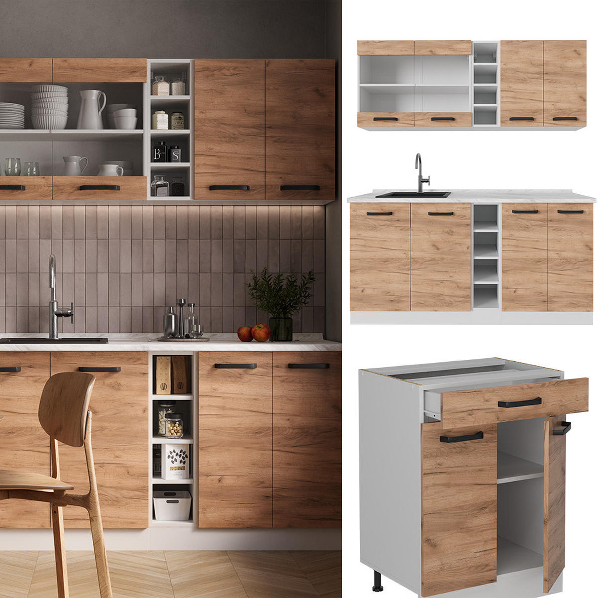 SINGLEKÜCHE R-Line Goldkraft Eiche/Weiß 160 cm ohne Arbeitsplatte - Honigeiche/Eiche Wotan, Holzwerkstoff (160/81.6/46cm) - Vicco