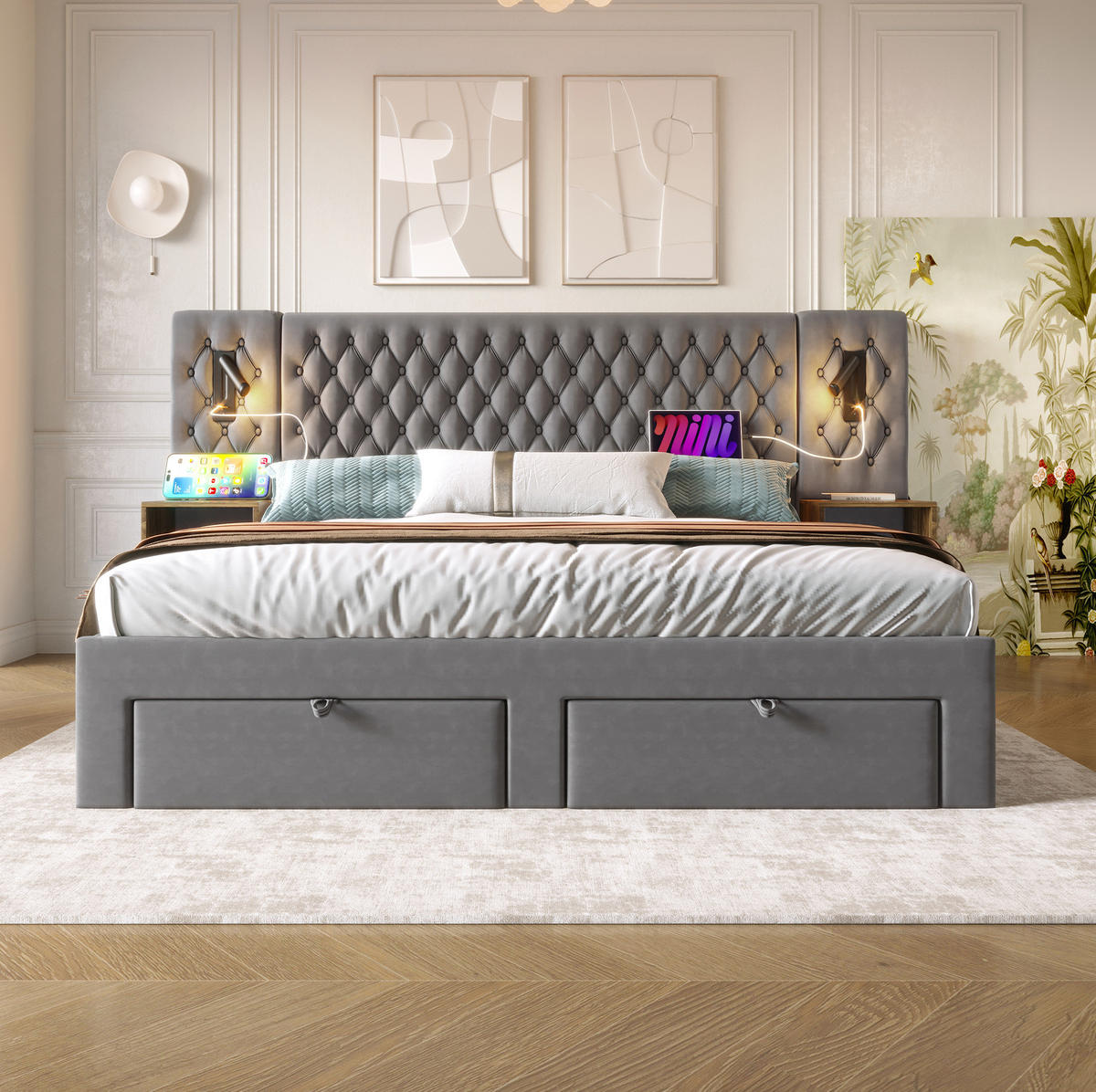 POLSTERBETT aus Samt 180x200 cm in Grau mit Leselicht & USB/Type-C - Grau, Textil (180/200cm) - Modfu