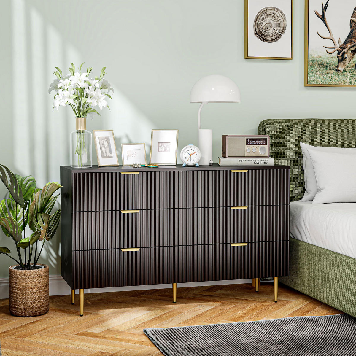KOMOODE DE-12895 6 Schubladen, goldene Griffe und Füße Schwarz - Schwarz, Holzwerkstoff (120/76.5/40cm) - ComfortXL