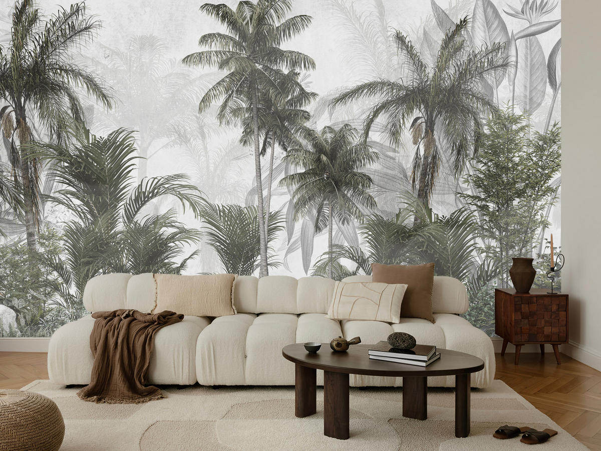 FOTOTAPETE für Wohnzimmer Natur Hohe Palmen Bäume Tropisch 500x350 - Grau/Grün, Papier (500/350cm) - Muralo