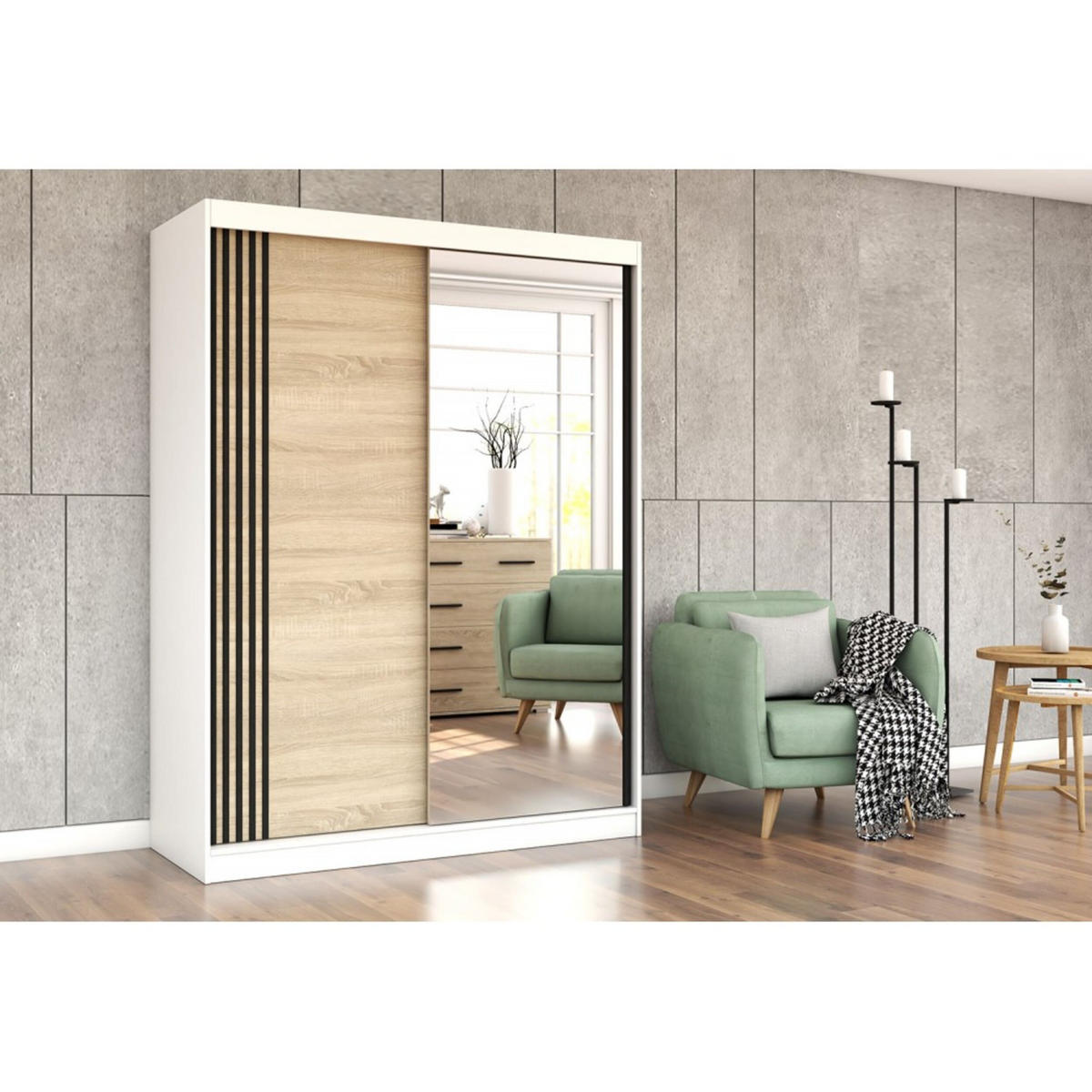 SCHIEBETÜRENSCHRANK - Lara 07 (Weiß + Sonoma) - Weiß/Sonoma Eiche, Holzwerkstoff/Metall (150/200/61cm) - Möblo