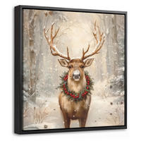 LEINWAND Bilder mit Rahmen - Weihnachten - Rentier - Winter - Kranz - 20x20 - Naturfarben, Textil (20/20cm) - MuchoWow