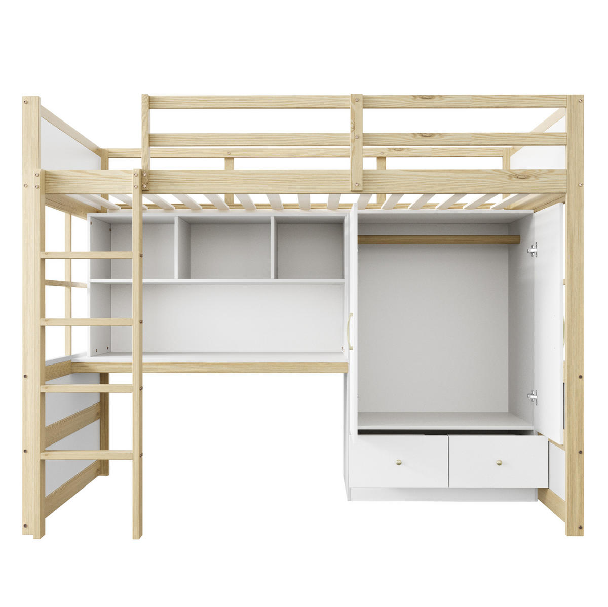 HOCHBETT aus Kiefernholz 90x200 cm Natur mit Schreibtisch, Kleiderschrank und Schubladen - Naturfarben, Holz (90/200cm) - IVMEU