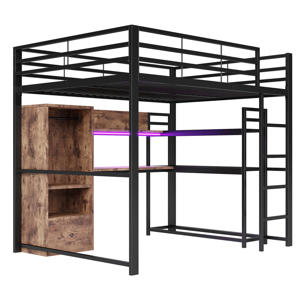 HOCHBETT 140/200 cm Schwarz Metallbett mit LED-Beleuchtung und Schreibtisch - Schwarz, Holzwerkstoff (140/200cm) - OKWISH