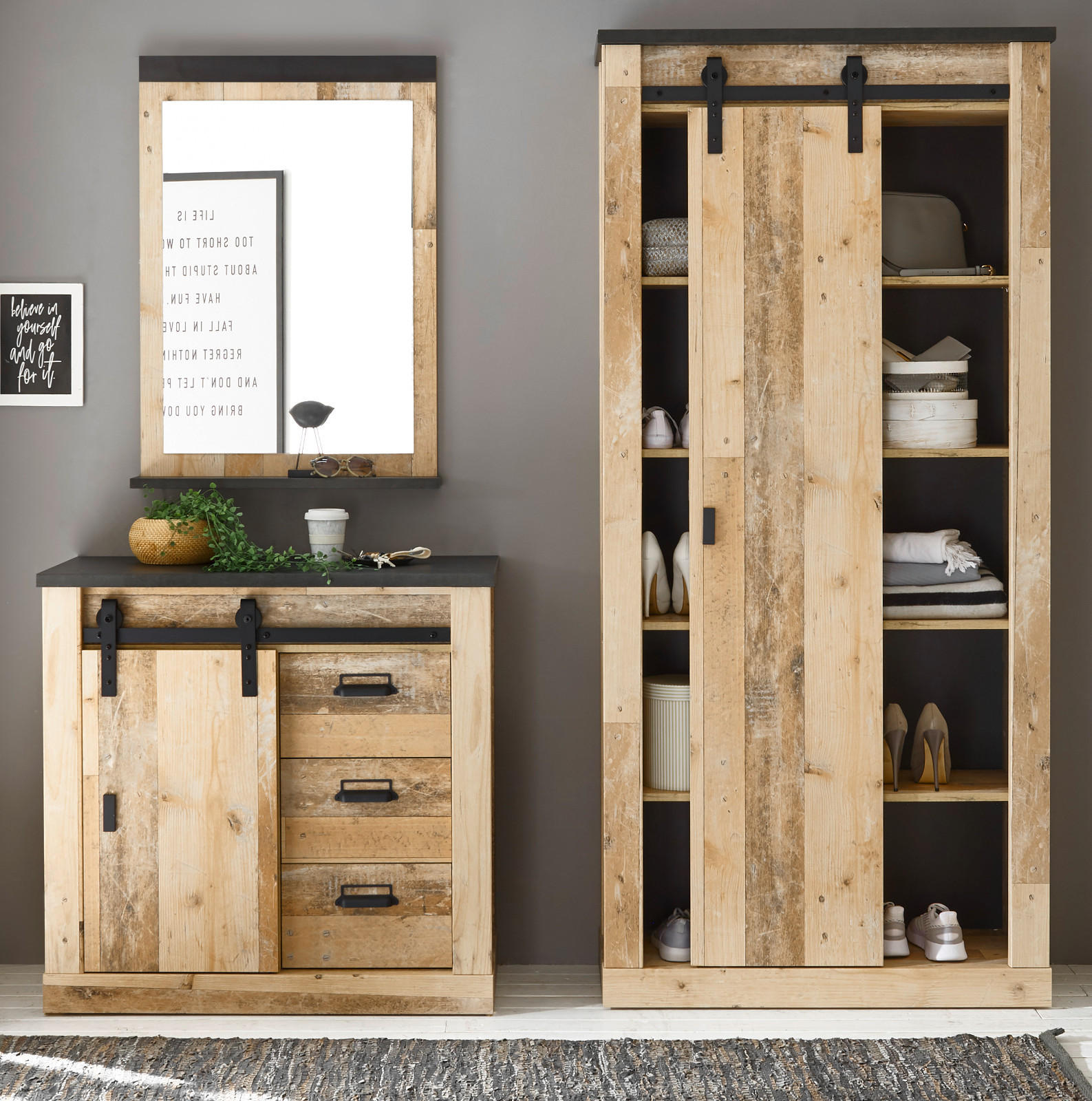 GARDEROBE Set 3-tlg. Used Wood Vintage mit großem Schuhschrank, Soft-Close - Anthrazit/Schwarz, Holzwerkstoff/Metall (206/201/43cm) - Furn.Design