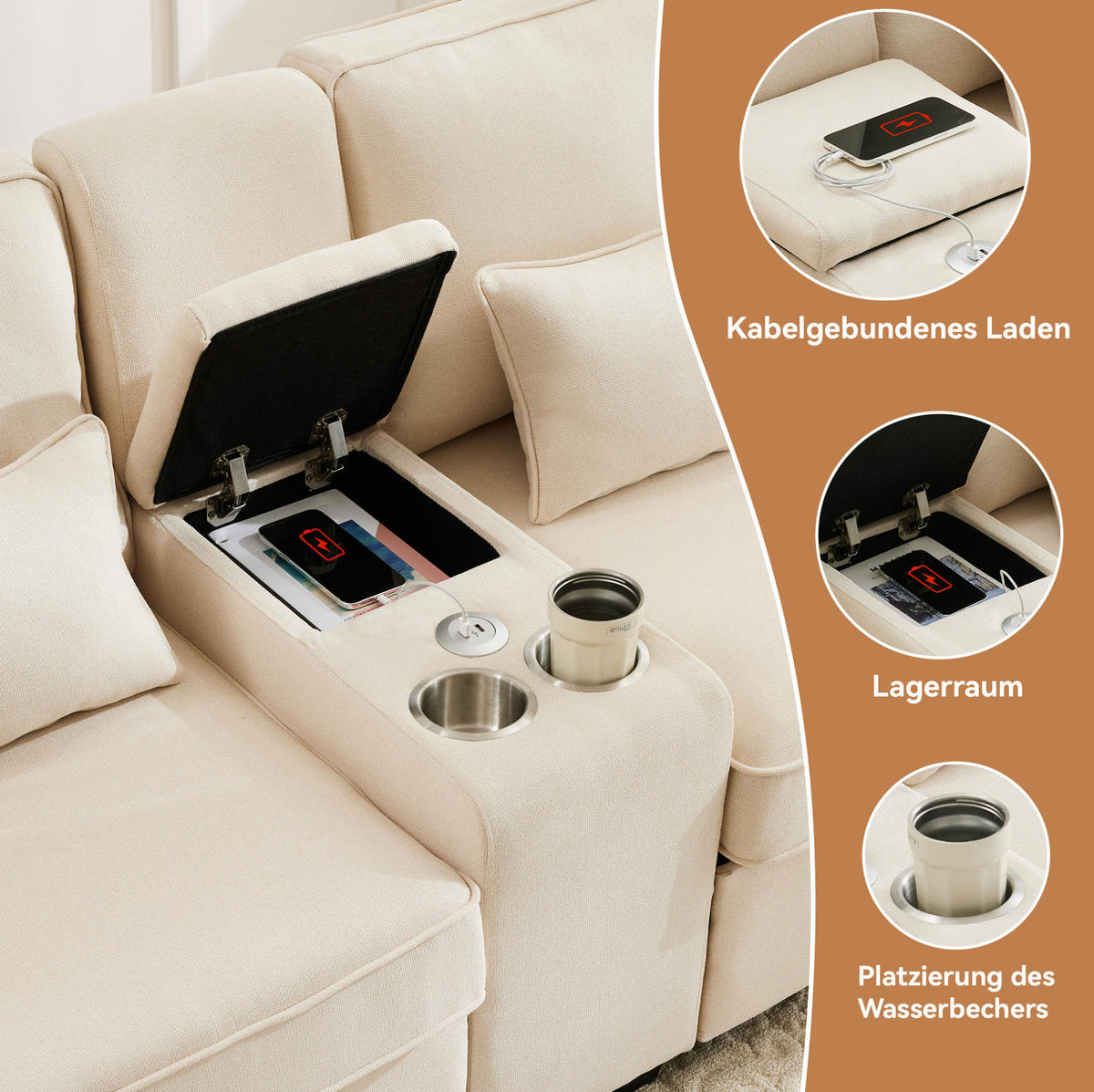 4-SITZER Sofa 290/88/83 cm Beige aus Leinen mit USB-Anschluss und Getränkehaltern - Beige, Textil (83/88/290cm) - OKMYHOME