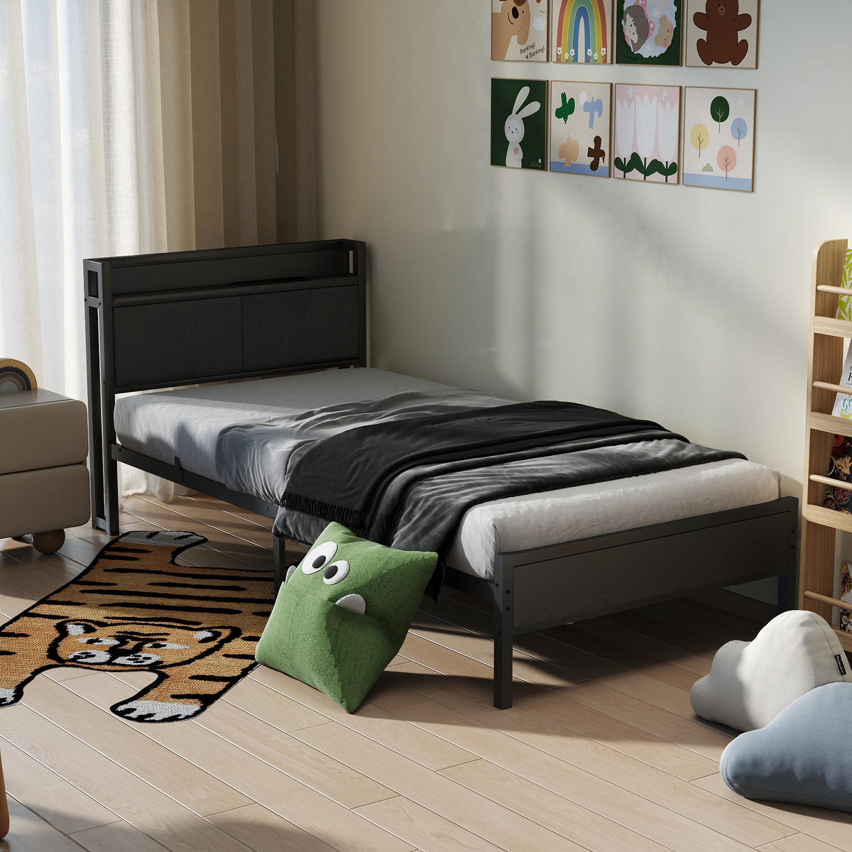 METALLBETT 140x200 cm Schwarz mit Steckdosen und USB-Ladeanschlüssen mit Stauraum-Kopfteil - Schwarz, Metall (140/200cm) - Modfu