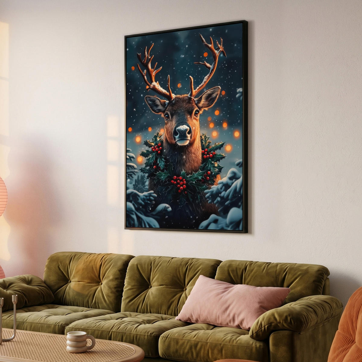 LEINWAND Bilder mit Rahmen - Hirsch - Weihnachten - Winter - Schnee - Weihnachtskranz - 80x120 - Dunkelbraun, Textil (80/120cm) - MuchoWow