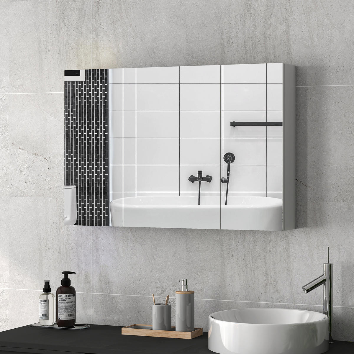 BADEZIMMER-WANDSCHRANK mit 3 Spiegeltüren und verstellbaren Holzregalböden, 90 x 13,5 x 60 cm ,Weiß - Weiß, Glas (90/60/13.5cm) - Vallsero