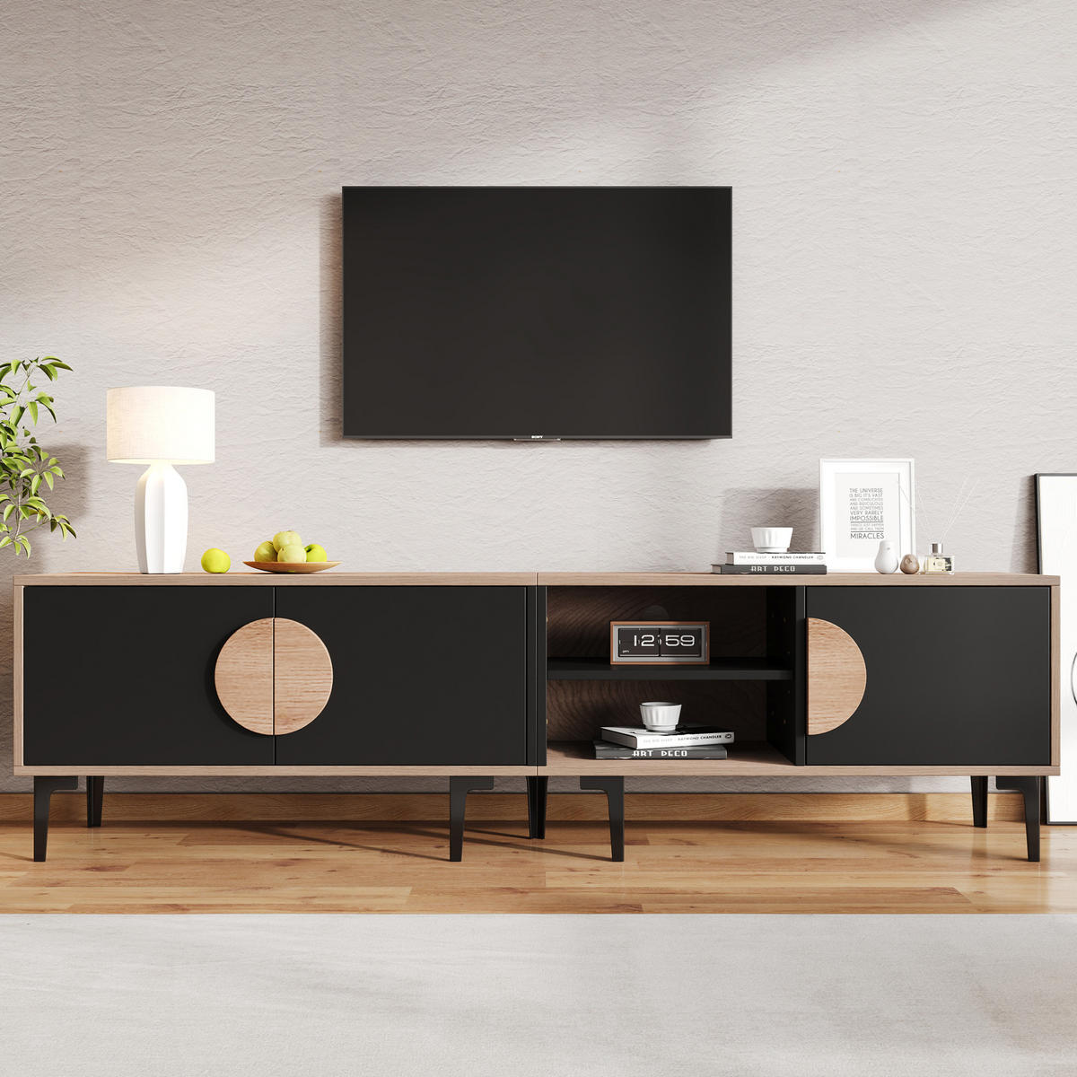 TV-LOWBOARD aus Spanplatte 180x35x49 cm Naturholz/Schwarz mit 3 Türen und offenen Fächern - Schwarz, Holzwerkstoff (180/49/35cm) - IVMEU